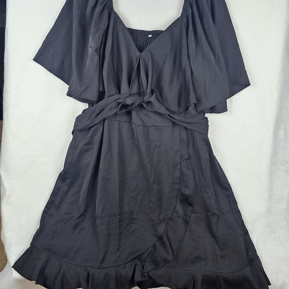 Black Off-The-Shoulder Mini Dress Flutter Sleeves Ruffled Hem Faux Wrap XL
